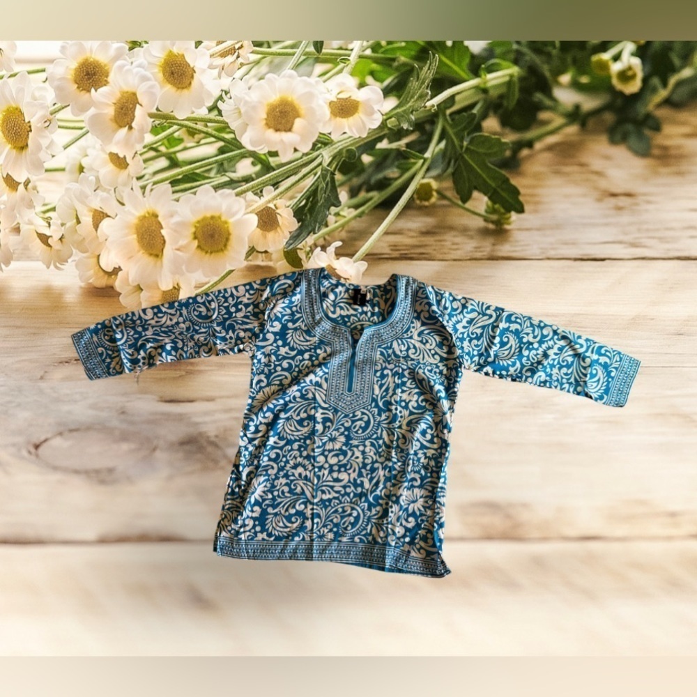 Free People Women's Bella Printed Tunic Blouse Long Sleeve Light Blue Size XL